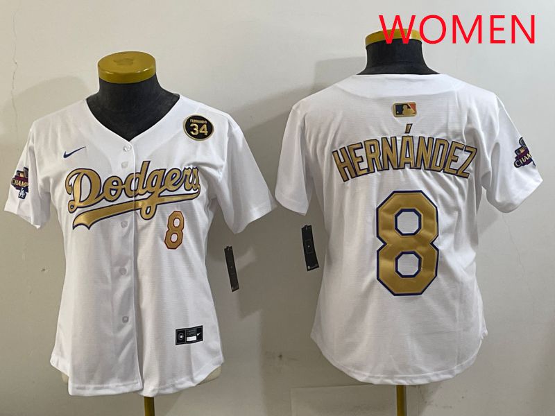 Women Los Angeles Dodgers #8 Hernandez White Gold Game Nike 2025 MLB Jersey style 4292->women mlb jersey->Women Jersey